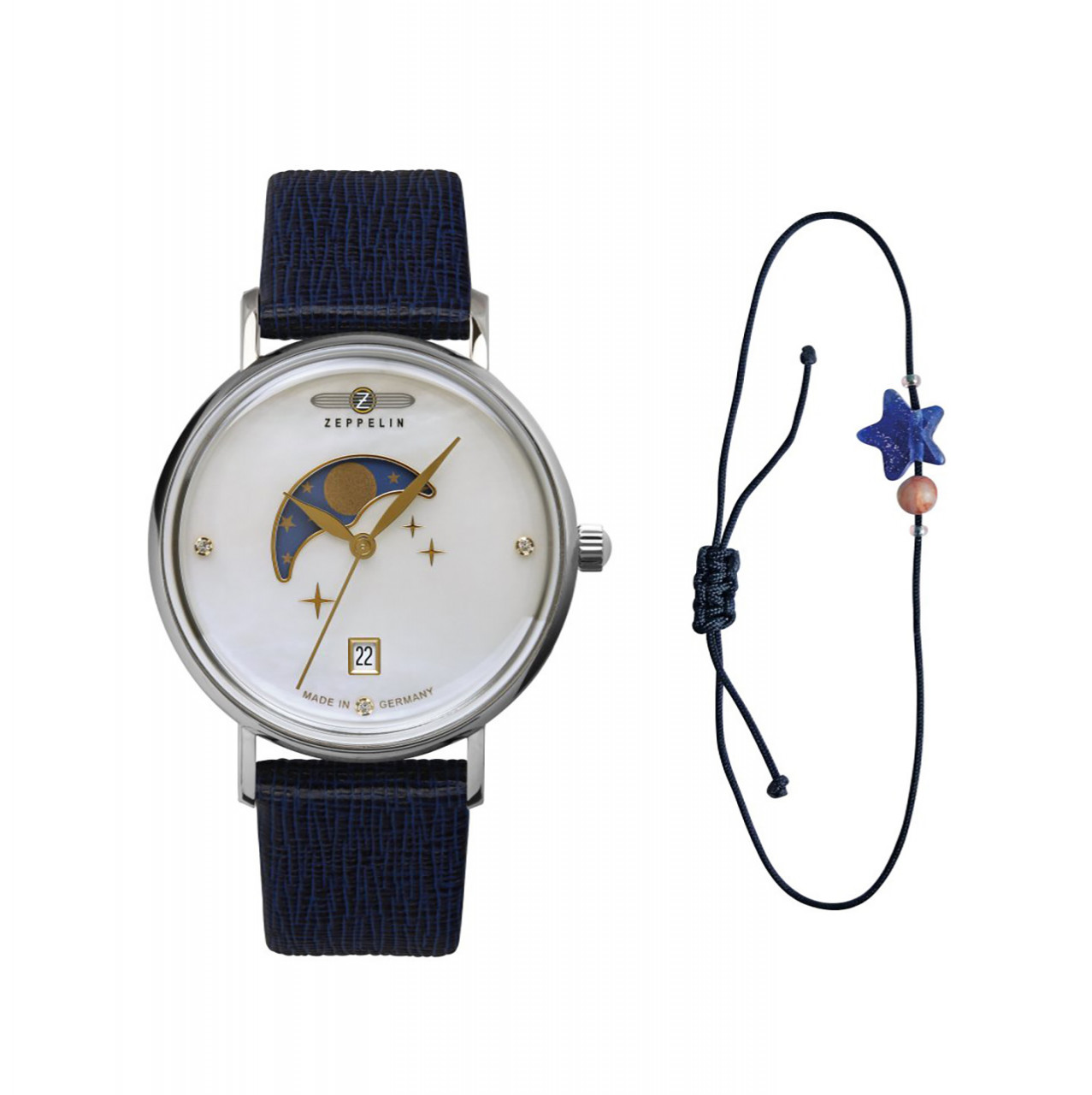 DAU, Zeppelin Moonphase Perlmutt Ronda 708, Steelcase 36mm, waterresistant 5atm