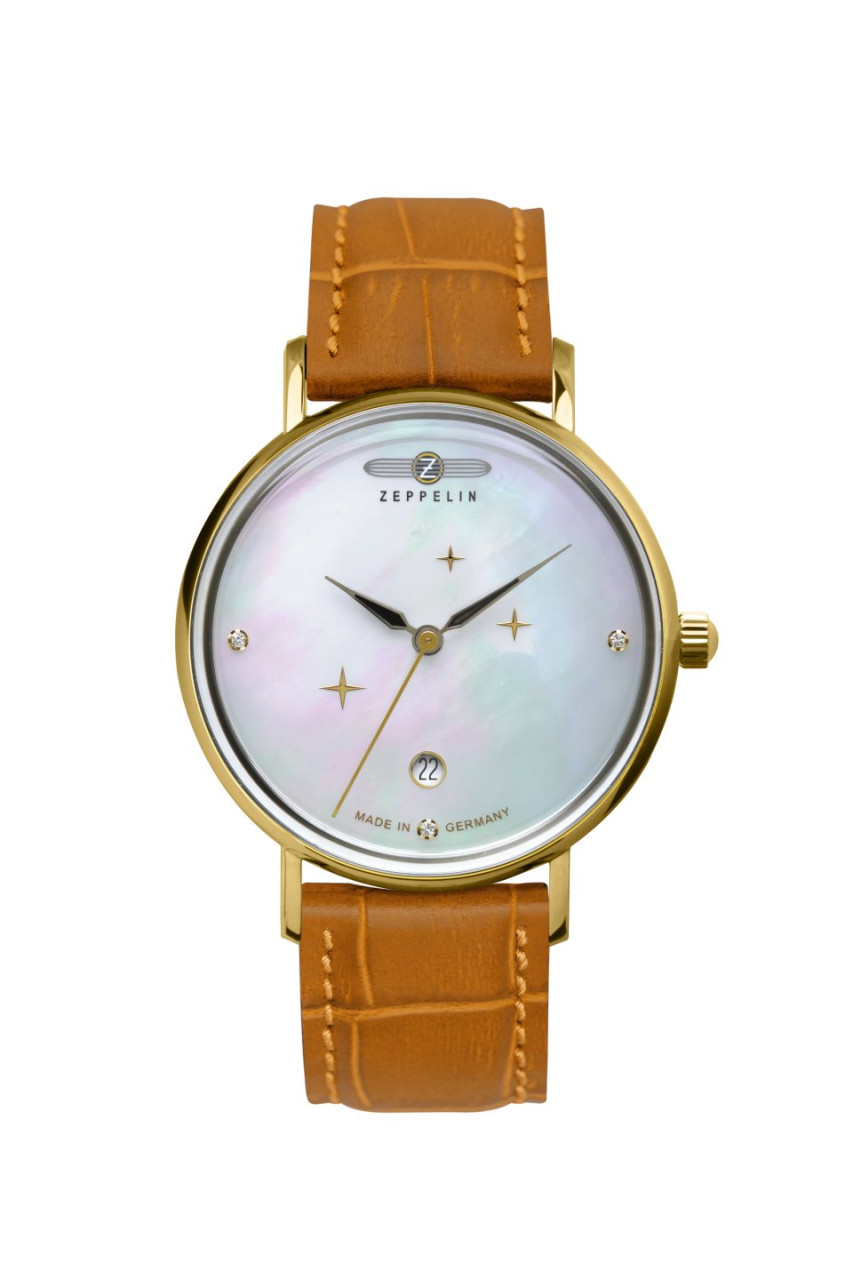 DAU, Zeppelin Perlmutt 3Zeiger+Datum Ronda 505, Steelcase PVD-GG 36mm, waterresistant 5atm