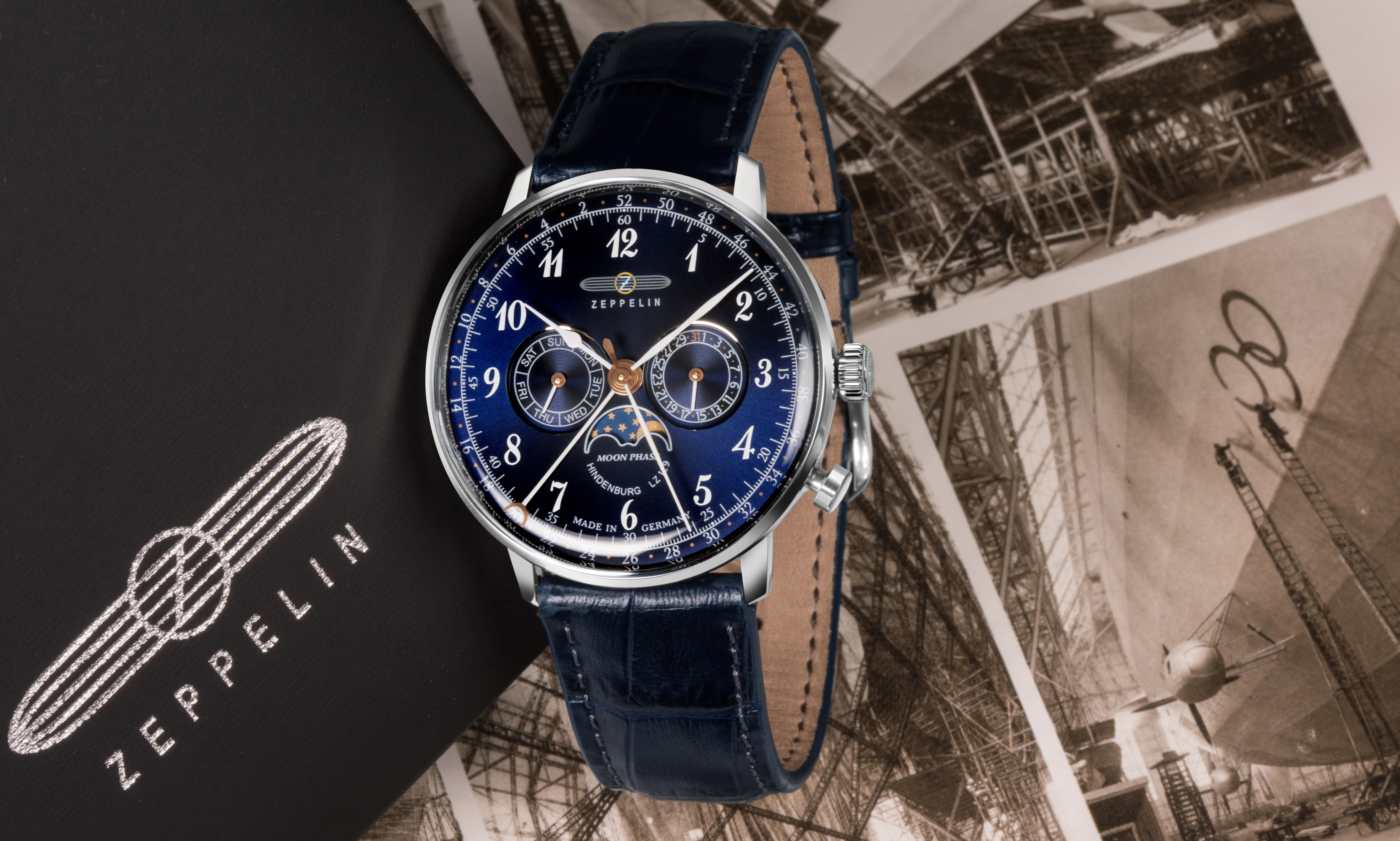 HAU, Zeppelin Hindenburg Moonphase Ronda 706B, Steelcase 40mm, wr 3atm | LZ  129 Hindenburg Mondphase | Men | Zeppelin