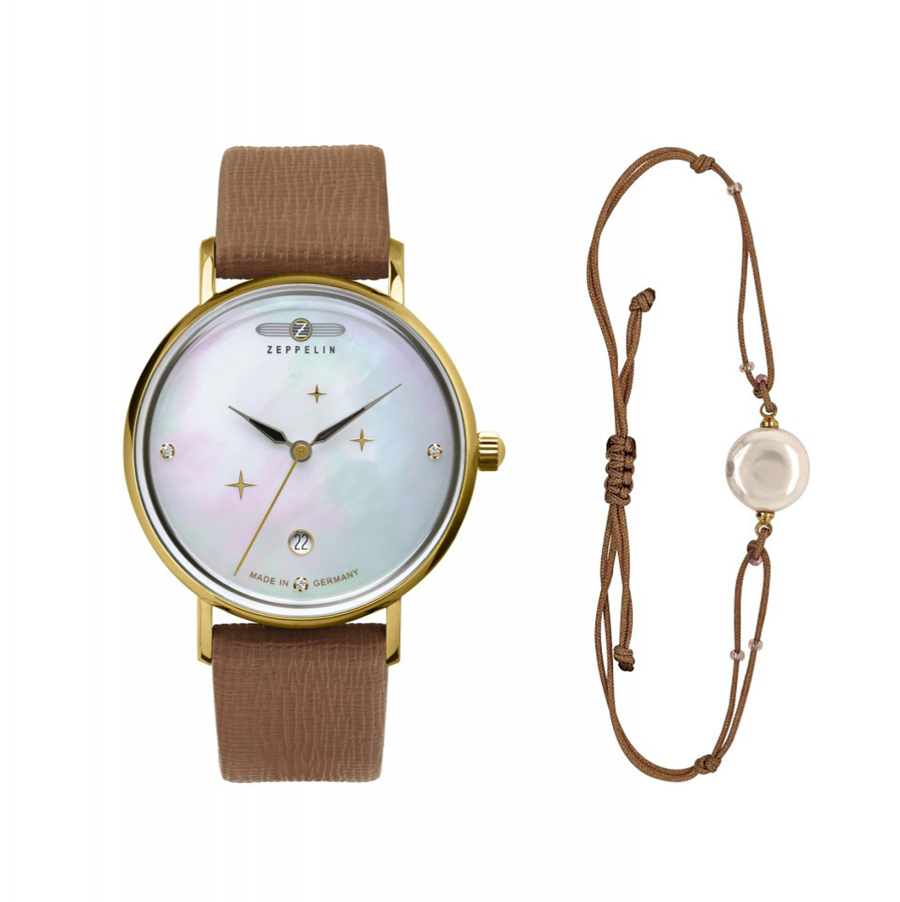 DAU, Zeppelin Perlmutt 3Zeiger+Datum Ronda 505, Steelcase PVD-GG 36mm, waterresistant 5atm