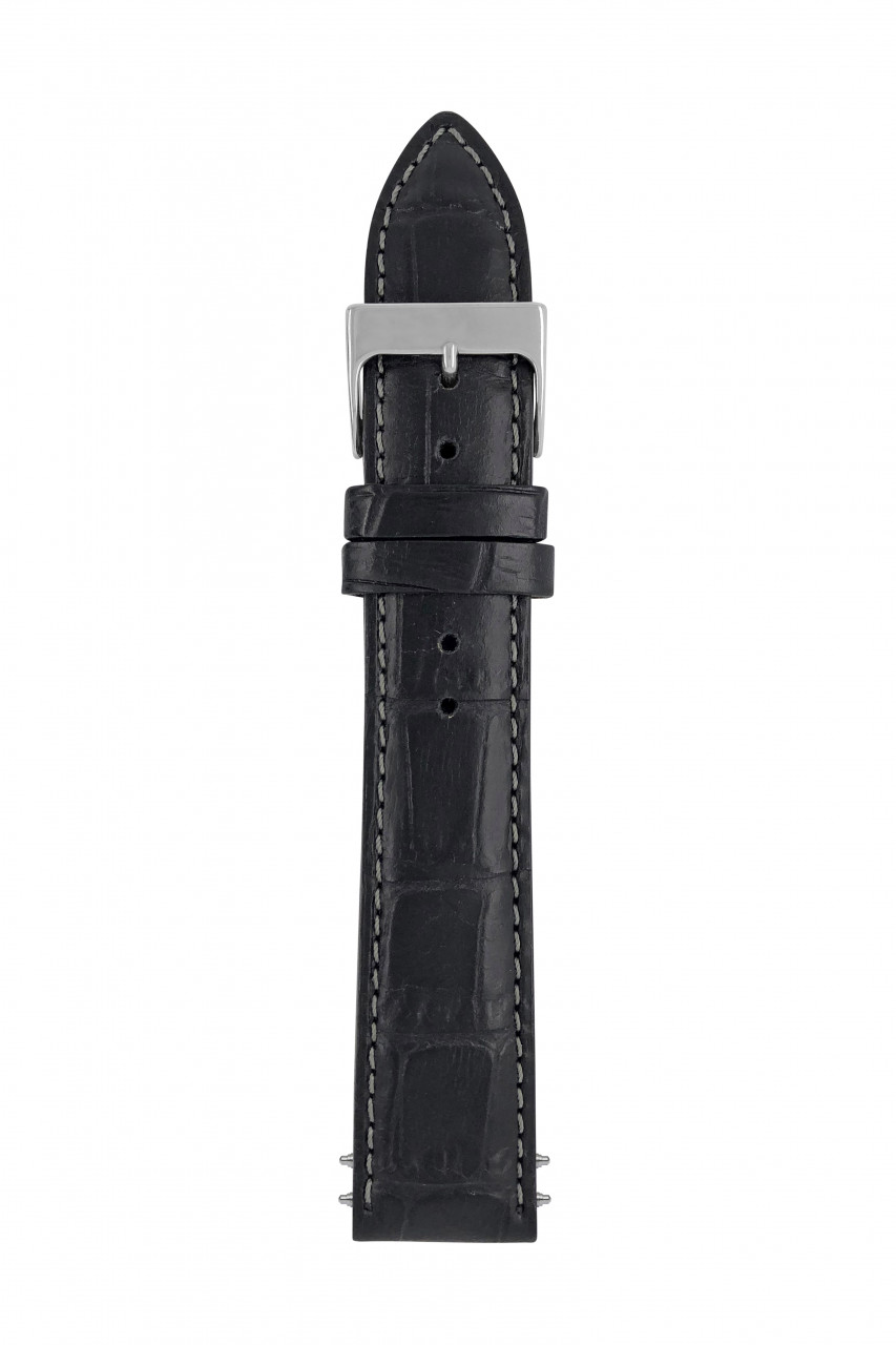 LB GM Krokostruktur schwarz, 20/18mm, nero semi-matt, Naht anthrazit, elegante Schließe